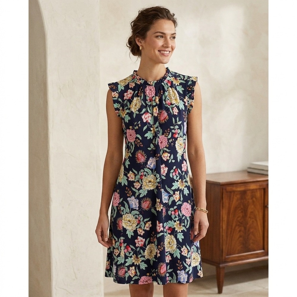 Tommy Hilfiger Navy Blue Floral Ruffle Neck Sleeveless Shift Dress Womens 12
